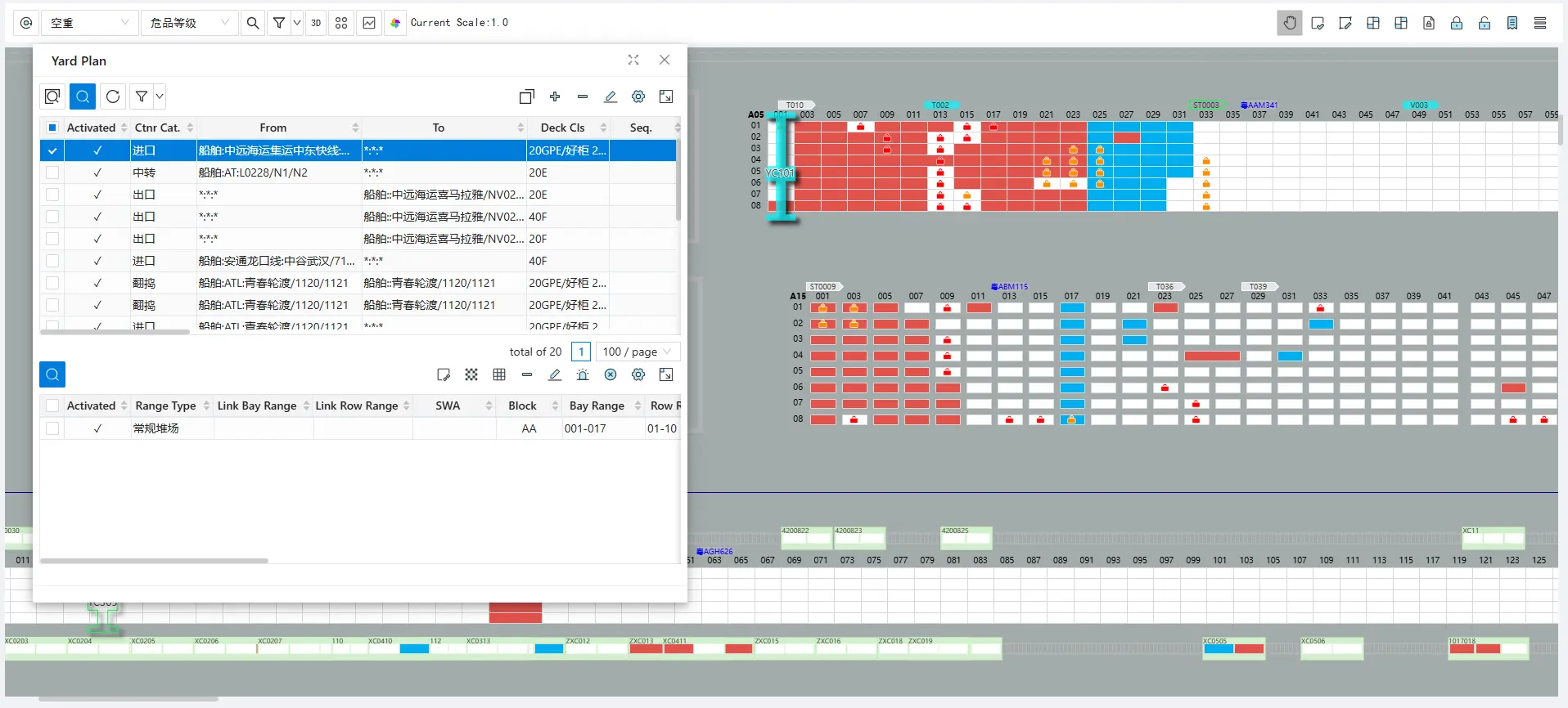 V⁺YMS rail handling and slot planning system screen